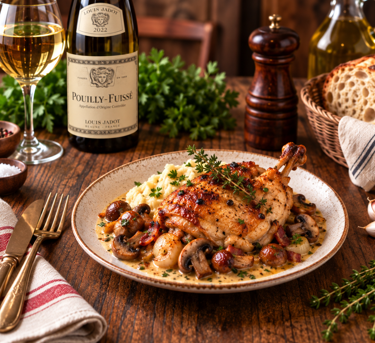 Cuissot de poulet rôti, champignons et oignons grelots en sauce crémeuse, servi avec purée et thym frais