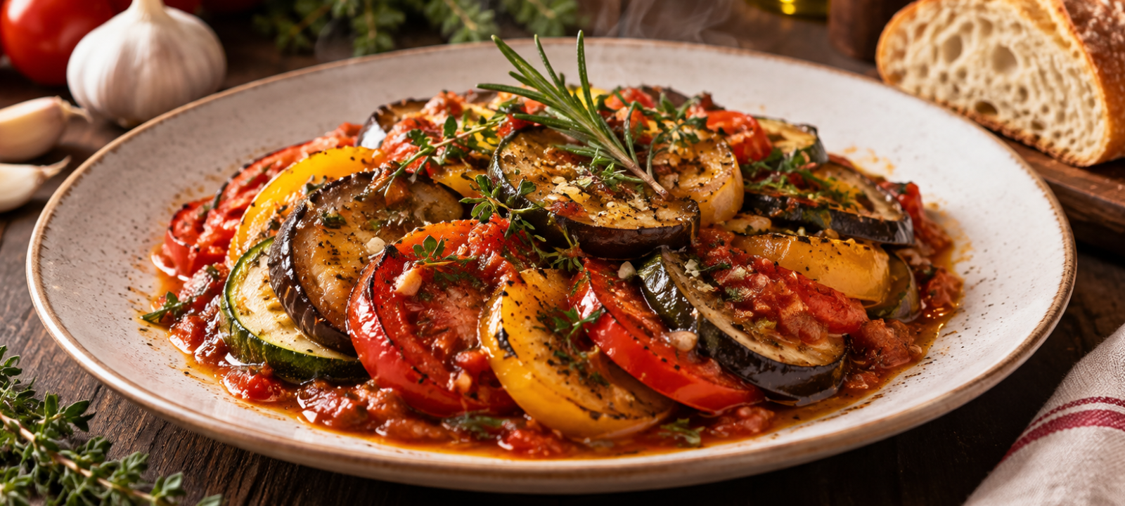 Légumes rôtis aux tomates, aubergines et courgettes, relevés aux herbes fraîches