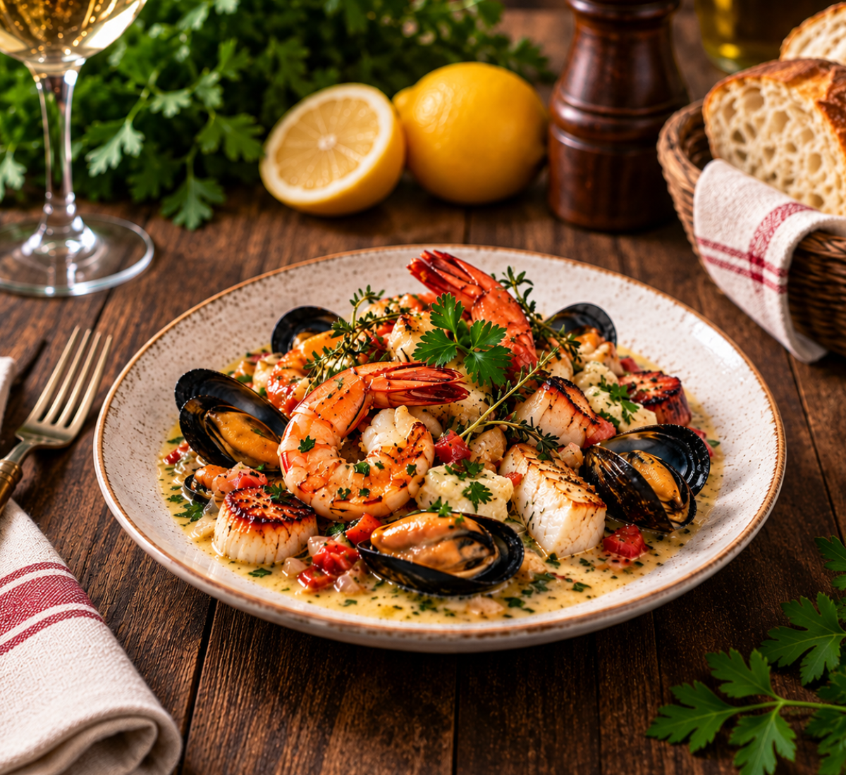 Plat de fruits de mer crémeux : crevettes, moules de Bouchot et Saint-Jacques snackées, relevés d'herbes fraîches